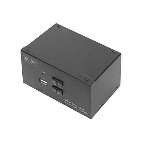 Commutateur KVM noir avec port USB et boutons de sÃ©lection. Ã‰tiquette 'DIGITUS' et spÃ©cifications techniques.