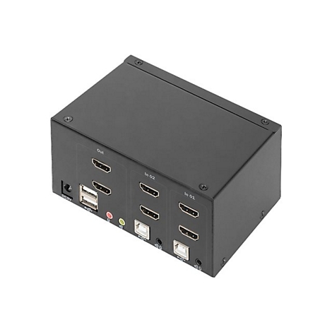 Commutateur HDMI noir avec des ports tels que HDMI, USB et audio. Les ports sont Ã©tiquetÃ©s : Out, In, USB.