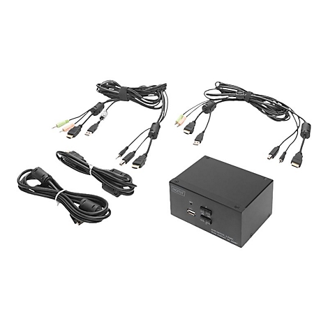 Un commutateur KVM noir avec cÃ¢bles et connecteurs, prÃªt Ã  Ãªtre connectÃ©.