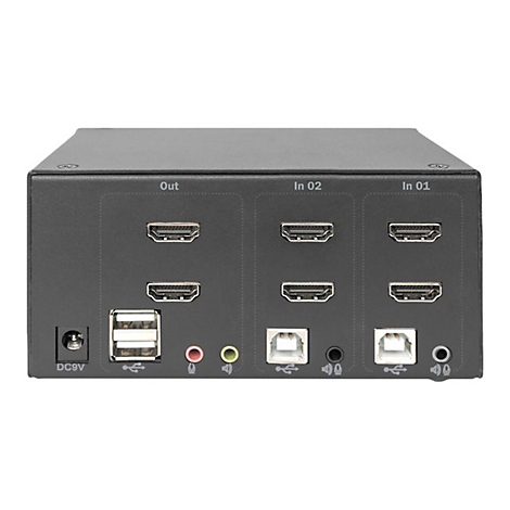 Commutateur HDMI noir avec ports d'entrÃ©e et de sortie, USB, audio et alimentation. Ã‰tiquetÃ© avec Out, In 02 et In 01.