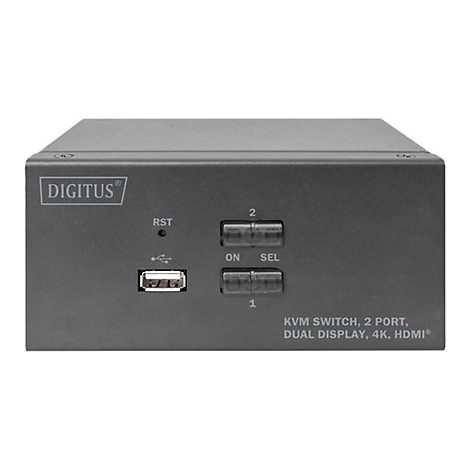 Un commutateur KVM noir de Digitus, avec port USB, boutons et l'inscription KVM Switch.