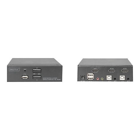 Deux boÃ®tiers de commutation noirs sur fond blanc. L'avant comporte des ports USB et des boutons, l'arriÃ¨re des ports HDMI.