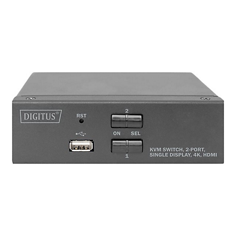 Un commutateur KVM noir avec des ports, des boutons et des inscriptions textuelles. Inscription : DIGITUS, KVM SWITCH, 2-PORT, SINGLE DISPLAY, 4K, HDMI.
