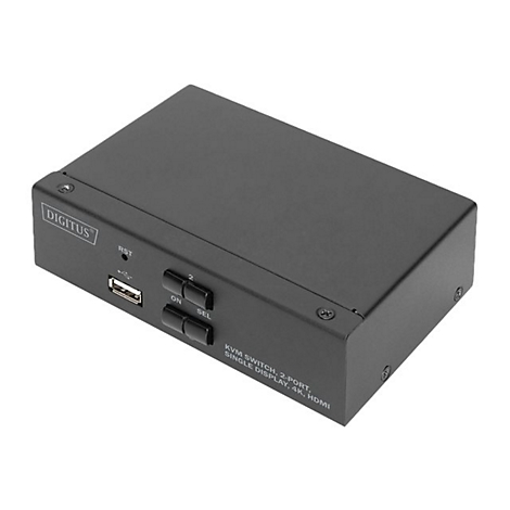 Un commutateur KVM noir, logo Digitus en haut Ã  gauche, avec port USB, boutons et lettrage.