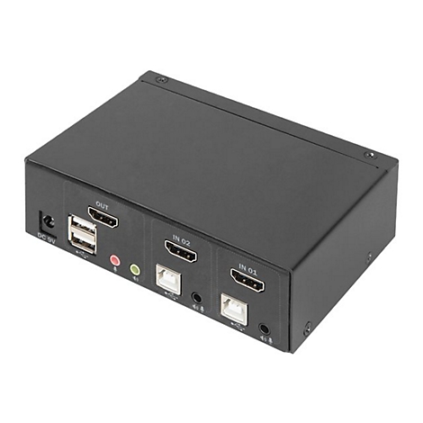 Commutateur HDMI noir avec connecteurs d'entrÃ©e et de sortie. Des vis sont visibles sur le dessus.