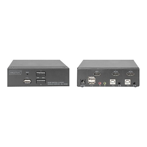 Deux vues d'un commutateur HDMI noir avec ports, Ã©tiquettes et le logo Digitus.