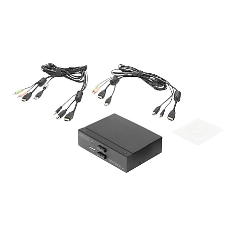 Un commutateur KVM noir avec des cÃ¢bles connectÃ©s et un CD sur fond blanc.