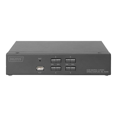 Un commutateur KVM gris avec boutons, port USB et logo Digitus. Inscription: KVM Switch, 4 ports, Ã©cran unique, 4K HDMI.