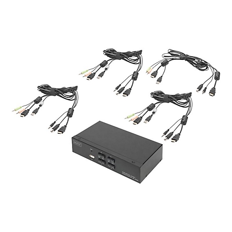 Schwarzer KVM Switch mit Kabeln. Das Set besteht aus einem schwarzen KVM Switch, sowie vier SÃ¤tzen von Kabeln mit verschiedenen AnschlÃ¼ssen.
