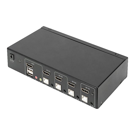 Ein schwarzer HDMI-Switch mit mehreren EingÃ¤ngen und AusgÃ¤ngen. Das GerÃ¤t hat AnschlÃ¼sse und LEDs.