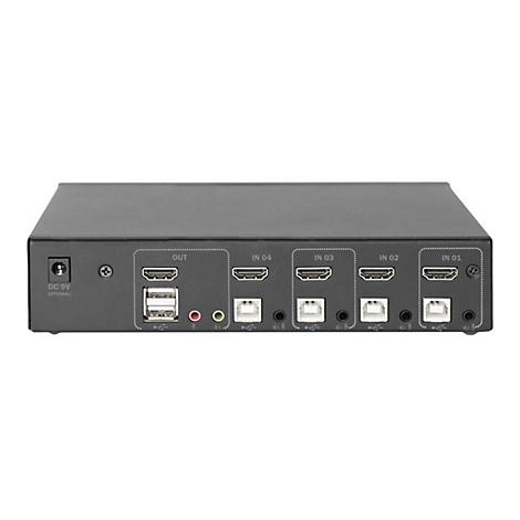 Schwarzer HDMI-Switch mit mehreren EingÃ¤ngen und AusgÃ¤ngen, beschriftet mit AnschlÃ¼ssen.
