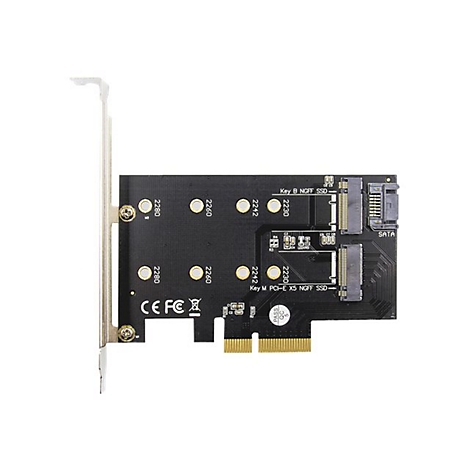 Schwarze PCI-E-Karte für SSDs. Aufschrift: Key B NGFF SSD und Key M PCI-E X5 NGFF SSD.