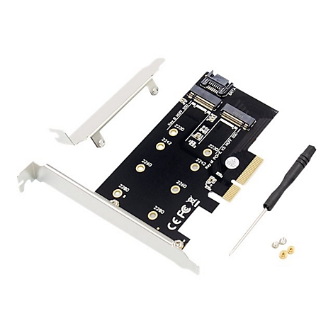 Schwarze Platine für SSD mit Schraubenzieher, Halterung und Schrauben. Aufdrucke: SATA, 2230, 2242, 2260, 2280.