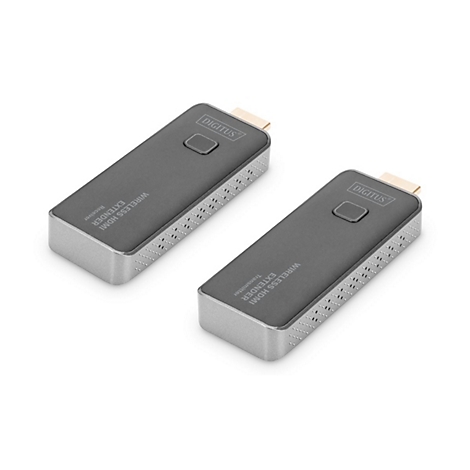 Zwei graue Digitus Wireless HDMI Extender, Sender und Empfänger, vor weißem Hintergrund.