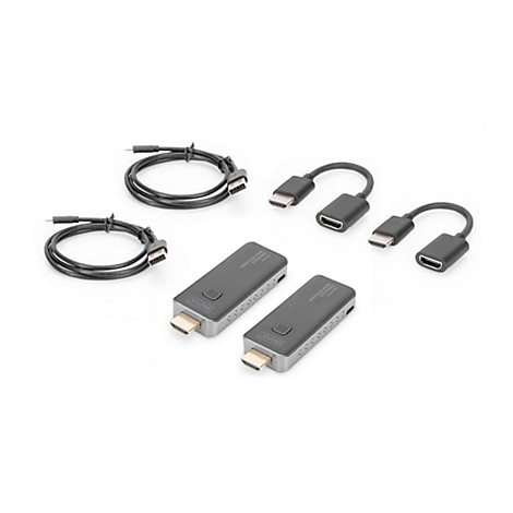 Wireless HDMI Extender Set mit zwei Dongles, zwei USB-Kabeln und zwei HDMI-Verlängerungskabeln auf weißem Hintergrund.
