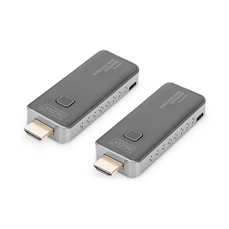 Zwei graue Digitus Wireless HDMI Extender, ein Sender und ein Empfänger, vor weißem Hintergrund.