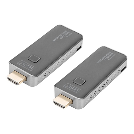 Zwei graue HDMI-Extender, einer mit dem Schriftzug 'Receiver', der andere mit 'Transmitter'. Beide haben goldfarbene Anschlüsse.