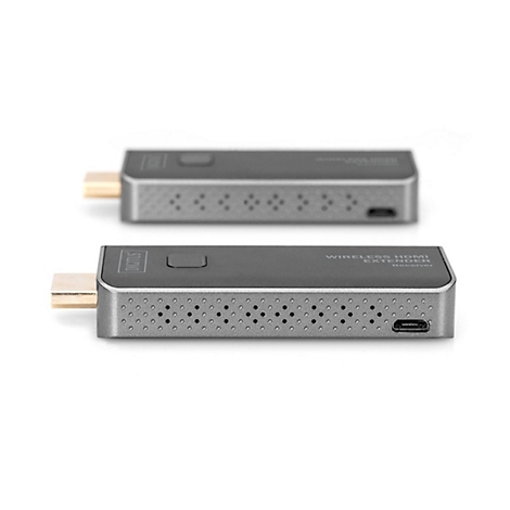 Zwei graue Wireless HDMI Extender Empfänger mit silbernem Anschlussstecker vor weißem Hintergrund.