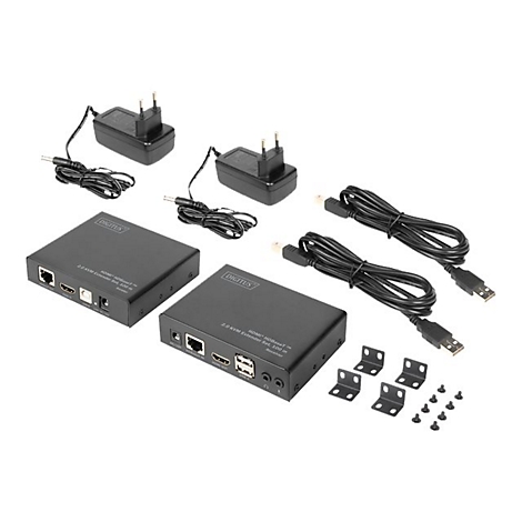 Zwei schwarze HDMI-Extender mit Netzteilen, Kabeln und ZubehÃ¶r auf weiÃŸem Hintergrund.