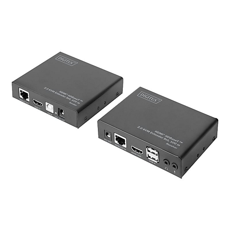Zwei schwarze KVM-Extender-Boxen, mit AnschlÃ¼ssen und DIGITUS-Schriftzug.