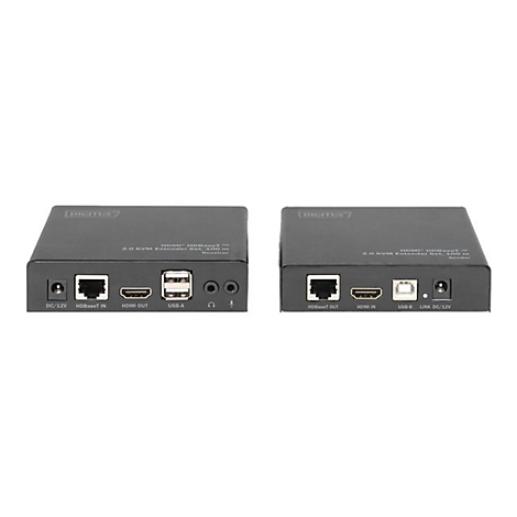 Zwei schwarze HDMI-Extender mit AnschlÃ¼ssen fÃ¼r Strom, Ethernet, HDMI und USB. Aufschrift: Digitus.