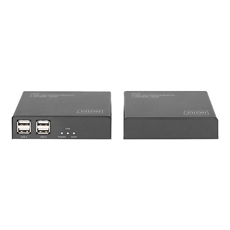Zwei rechteckige, schwarze USB-Hubs auf weiÃŸem Hintergrund. Der erste Hub hat zwei USB-A-AnschlÃ¼sse und Kontrollleuchten. Der andere ist seitlich abgebildet.