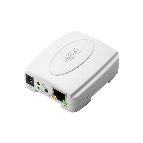 WeiÃŸes NetzwerkgerÃ¤t mit Â»DigitusÂ«-Logo. AnschlÃ¼sse, Leuchten, ein Ethernet-Port sind sichtbar.