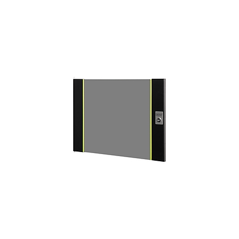 Graue Schranktür mit schwarzem Rahmen und gelben Linien. Ein silbernes Schloss.
