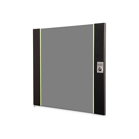 Mur d'armoire gris avec côtés noirs, accent vert et serrure avec logo "DIGITUS".