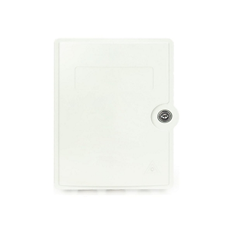 Rechteckiger, weißer Kasten mit Schloss und kleinem Fenster. Unten ein dreieckiges Symbol.