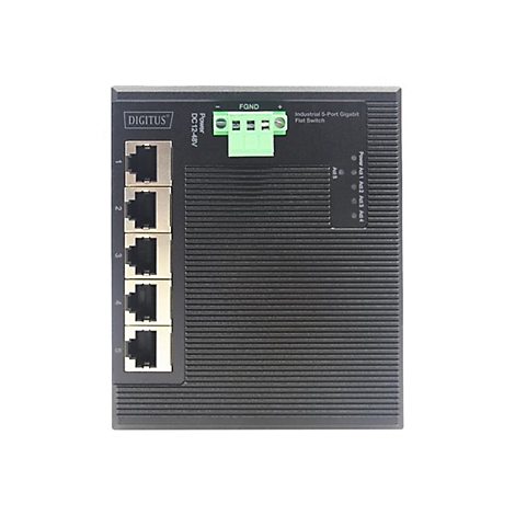 Schwarzer Netzwerk-Switch mit fünf Anschlüssen, Beschriftung mit DIGITUS, FGND und Power. Anzeigen der Ports und LEDs.