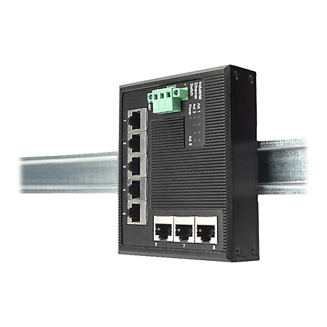 Schwarzer Industrieller Ethernet Switch mit acht Anschlüssen und LED-Anzeigen, an einer Metallschiene montiert.