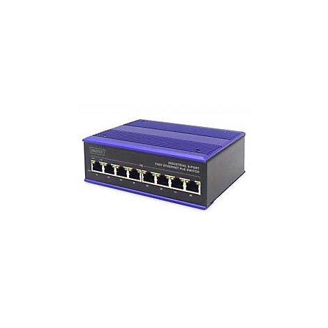 Industrieller Ethernet-Switch, schwarz-blau, mit acht Ports.