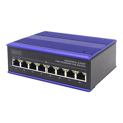 Industrieller 8-Port PoE-Switch mit blauer Oberseite, acht Ports, Schriftzug 'DIGITUS'.
