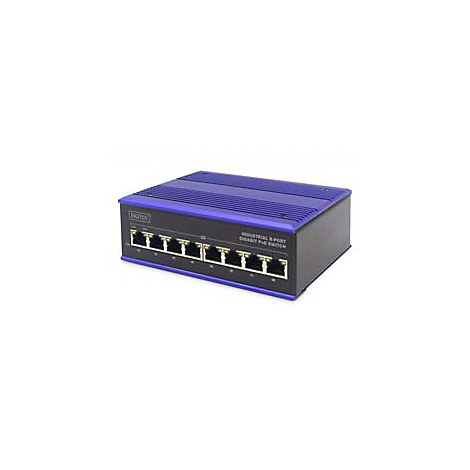 Industrieller 8-Port Gigabit PoE Switch mit blauer Oberseite, schwarzer Vorderseite und zahlreichen Anschlüssen.