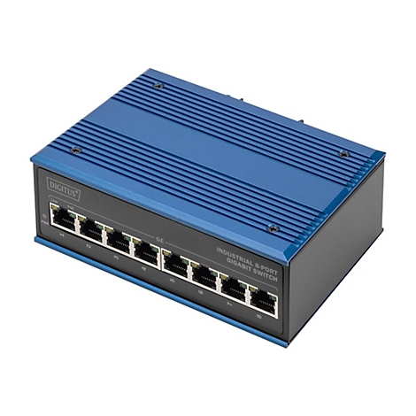 Blau-schwarzer Industrial Gigabit Switch. Aufschrift DIGITUS, 8 Ports. Beschriftung: Industrial 8-Port Gigabit Switch.