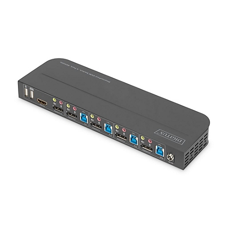 Schwarzer 8-Port USB-Switch mit HDMI-Anschluss. Mit USB- und HDMI-AnschlÃ¼ssen und der Aufschrift DIGITUS.