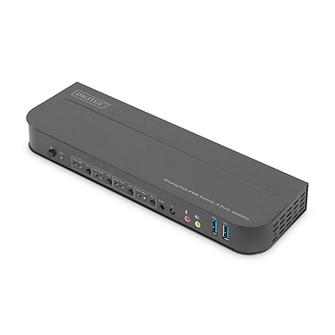Ein grauer Digitus DisplayPort KVM Switch. Sichtbar sind AnschlÃ¼sse und Logos. Der Switch liegt auf weiÃŸem Hintergrund.