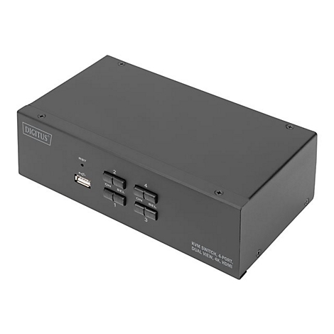 Schwarzer KVM-Switch mit DIGITUS-Logo, USB-Anschluss, Tasten und Beschriftung KVM SWITCH 4-PORT DUAL VIEW 4K HDMI.