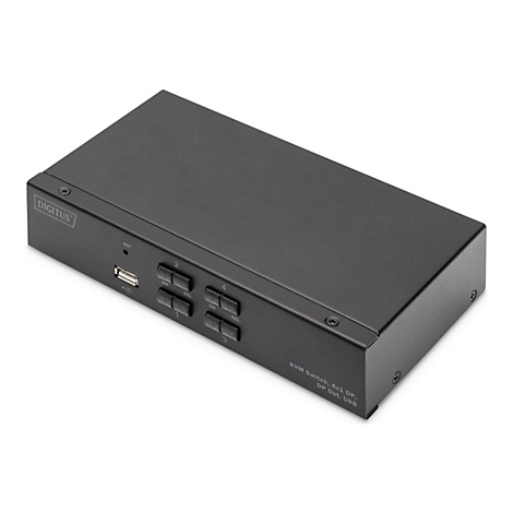 Schwarzer KVM-Switch, mit Tasten und AnschlÃ¼ssen. Aufschrift: 'digitus'.