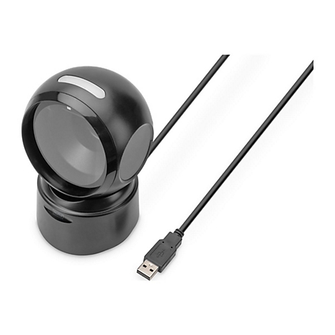 Scanner de codes-barres noir avec câble USB. Tête arrondie avec champ de balayage, sur une base. Le câble se termine par un connecteur USB.