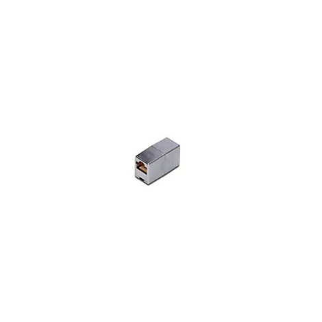Ein silberner RJ45-Stecker-Adapter auf weißem Hintergrund.