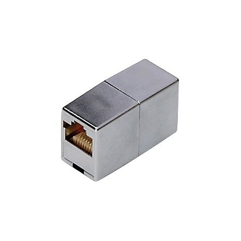 Silberfarbener Ethernet-Stecker, rechteckig, mit goldfarbenen Kontakten auf weißem Hintergrund.