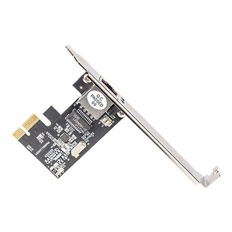 Schwarze PCIe-Netzwerkkarte mit Ethernet-Anschluss und silberner Slotblende vor weißem Hintergrund.