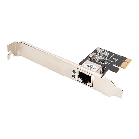 Eine schwarze PCI-Netzwerkkarte mit Ethernet-Anschluss und zwei kleinen Status-LEDs auf einer Metallblende.