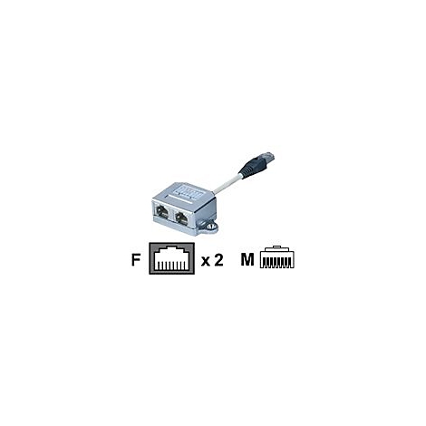 Ein grauer Ethernet-Splitter mit zwei Anschlüssen und einem Kabel. Darunter Piktogramme.