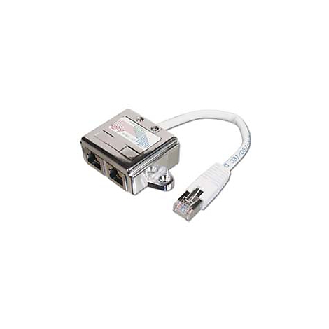 Metallgehäuse mit zwei Anschlüssen, verbunden mit einem weißen Kabel und einem transparenten RJ45-Stecker.