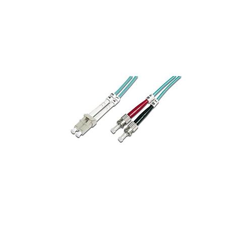 Zwei Lichtwellenleiter-Kabel mit Steckern in Weiß und Rot, verbunden mit blauen Kabeln.