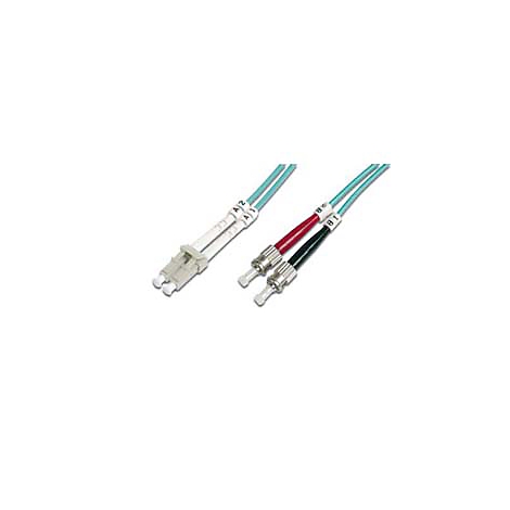 Zwei blaue Glasfaserkabel mit Steckern: weißer LC-Duplex und rote/schwarze ST-Stecker.