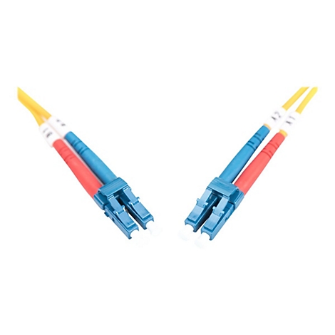 Zwei blaue und rote Glasfaserkabel mit blauen Steckern, die auf weißem Hintergrund liegen.